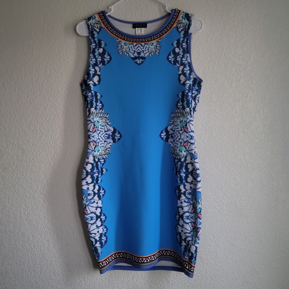 VENUS Womens M Med Sleeveless Shift Dress Blue Above The Knee Round Neck print